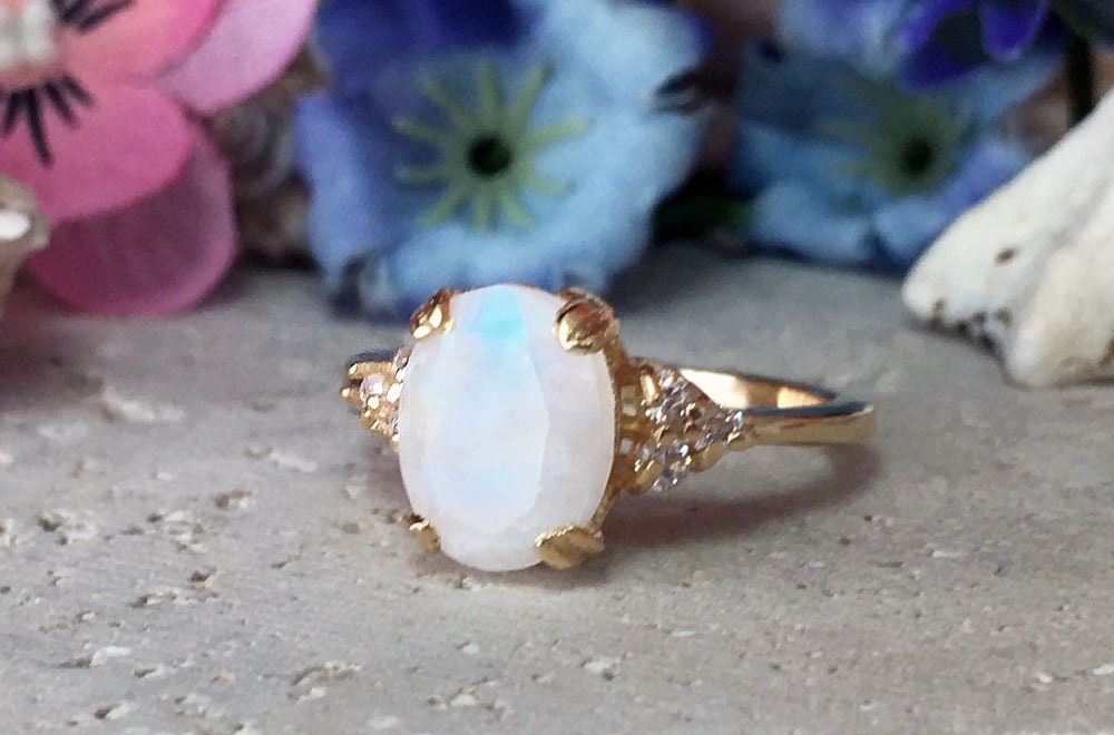 Rainbow Moonstone Ring - June Birthstone - Oval Rainbow Moonstone Statement Engagement Ring with Clear Quartz Accents - H.L.Jewelry