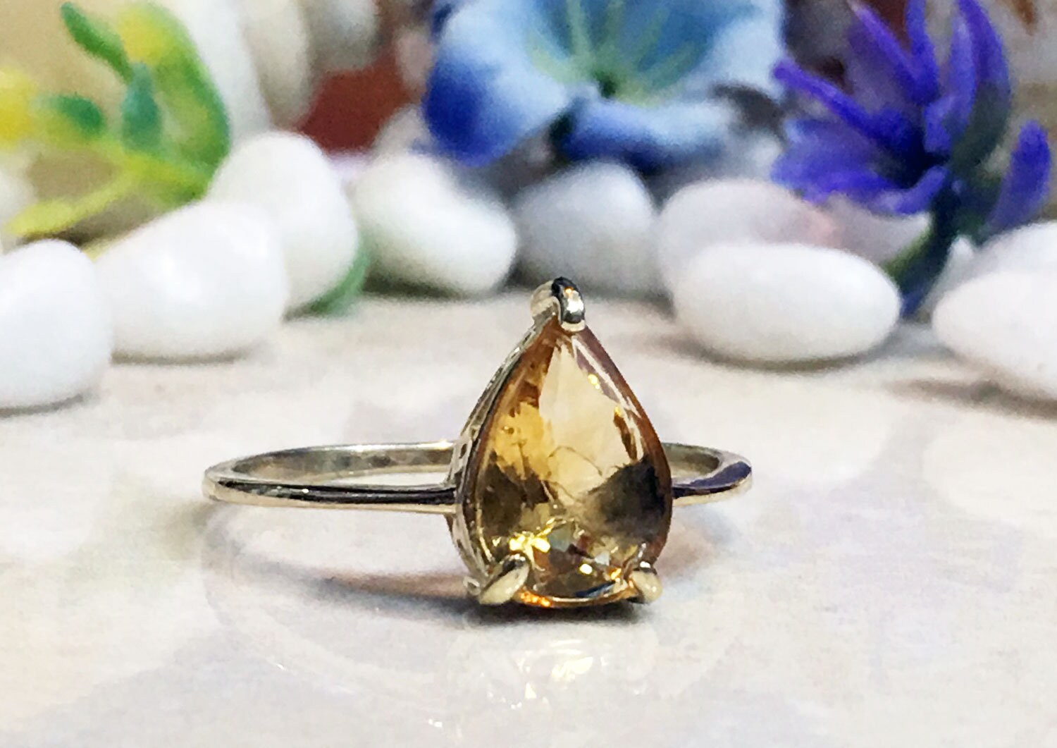 Citrine Ring - November Birthstone - Lace Setting Ring with Pear-Shaped Citrine Gemstone - H.L.Jewelry