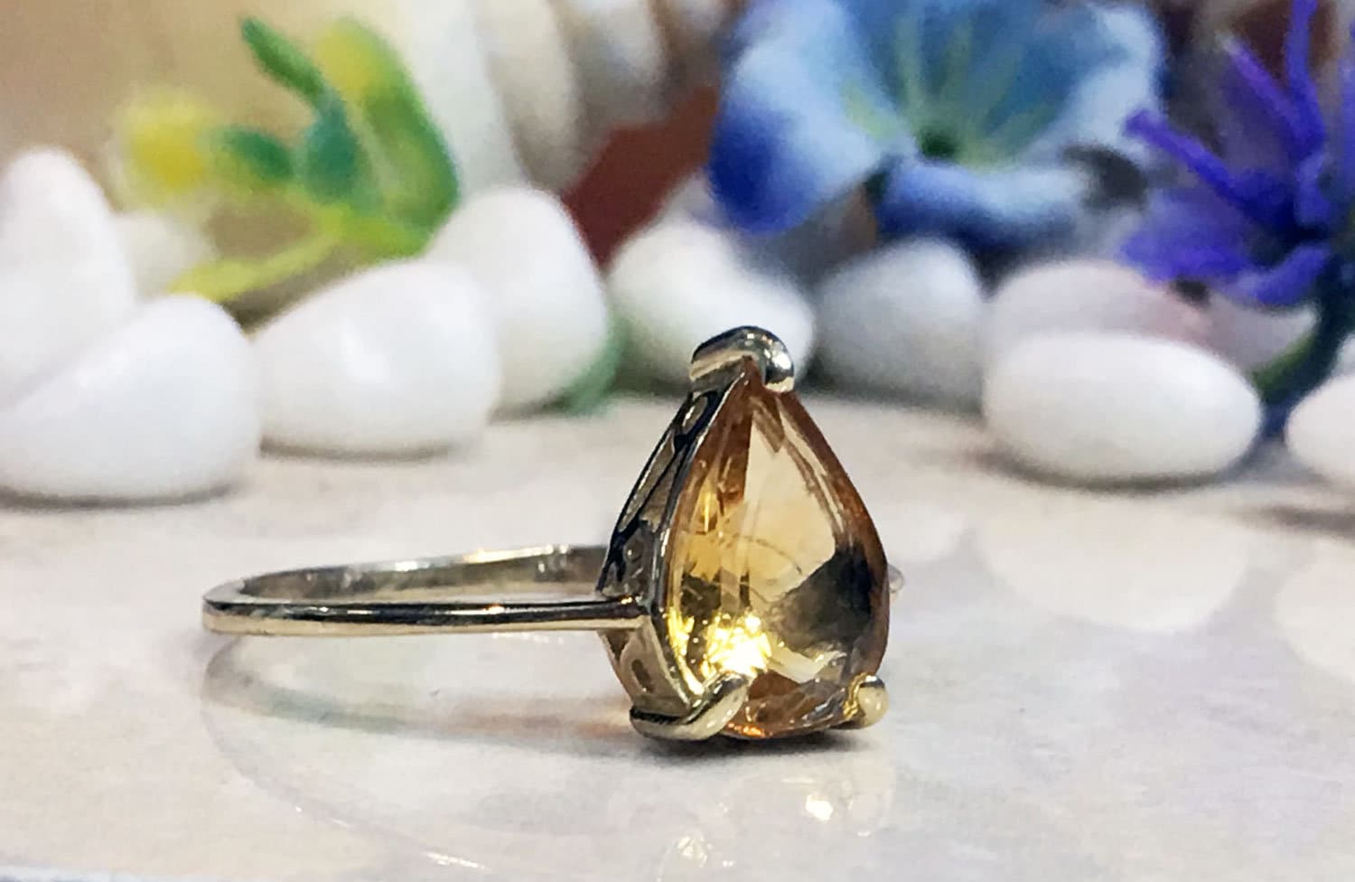 Citrine Ring - November Birthstone - Lace Setting Ring with Pear-Shaped Citrine Gemstone - H.L.Jewelry