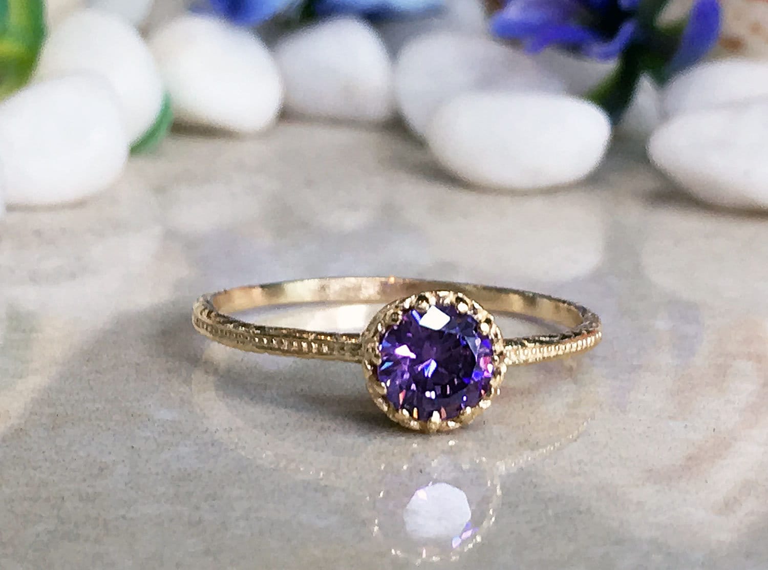 Amethyst Ring - February Birthstone - Delicate Hammered Ring with Round Amethyst Gemstone - H.L.Jewelry