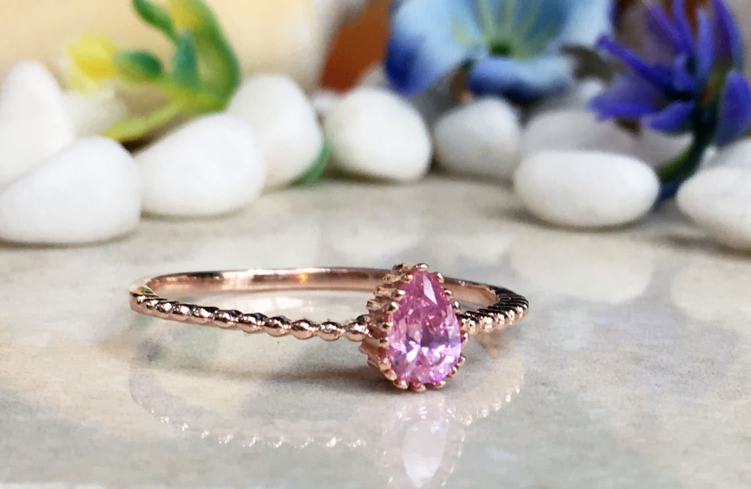 Rose Quartz Ring - October Birthstone - Tiny Ring - Gold Ring - Bezel Ring - Stacking Ring - Teardrop Ring - H.L.Jewelry