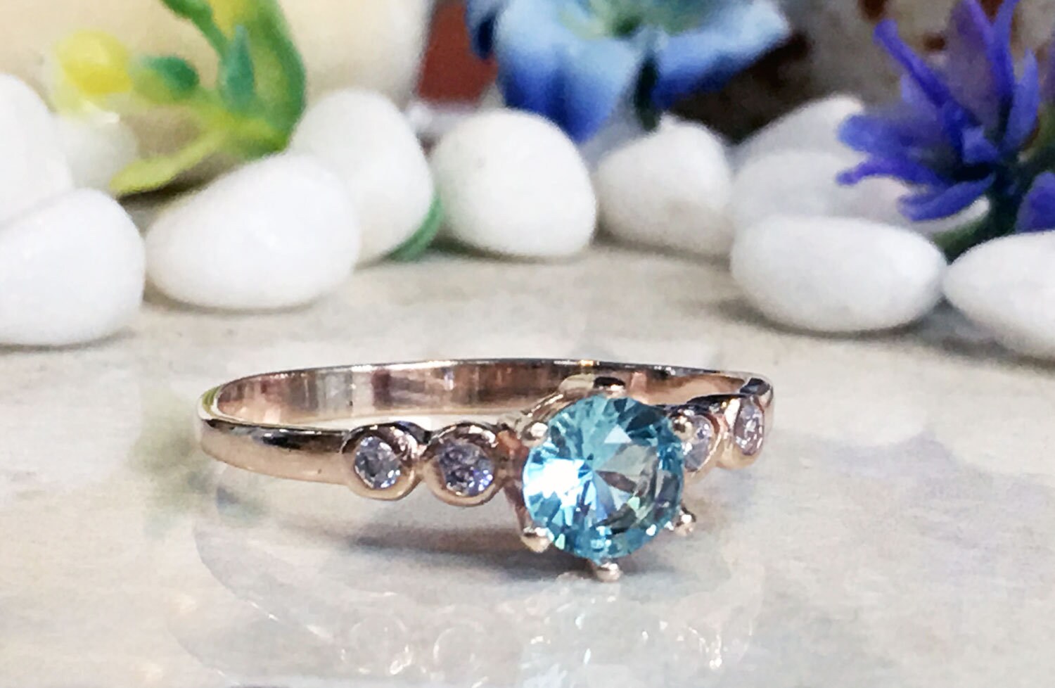 Aquamarine Ring - March Birthstone - Dainty Ring with Round Aquamarine Center Stone and Clear Quartz Accents - H.L.Jewelry