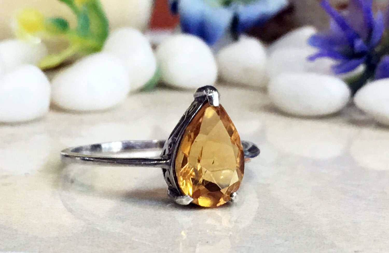 Citrine Ring - November Birthstone - Lace Setting Ring with Pear-Shaped Citrine Gemstone - H.L.Jewelry