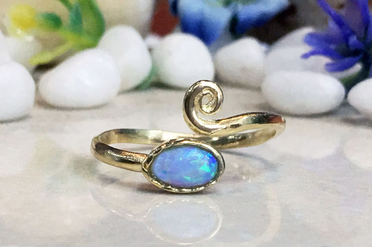 Blue Opal Ring - October Birthstone - Simple Adjustable Ring with Oval Blue Opal Gemstone - H.L.Jewelry