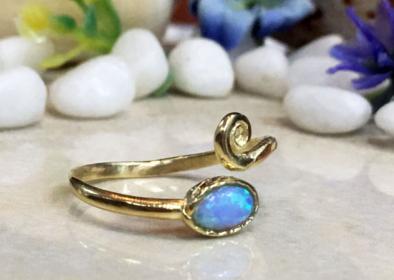 Blue Opal Ring - October Birthstone - Simple Adjustable Ring with Oval Blue Opal Gemstone - H.L.Jewelry