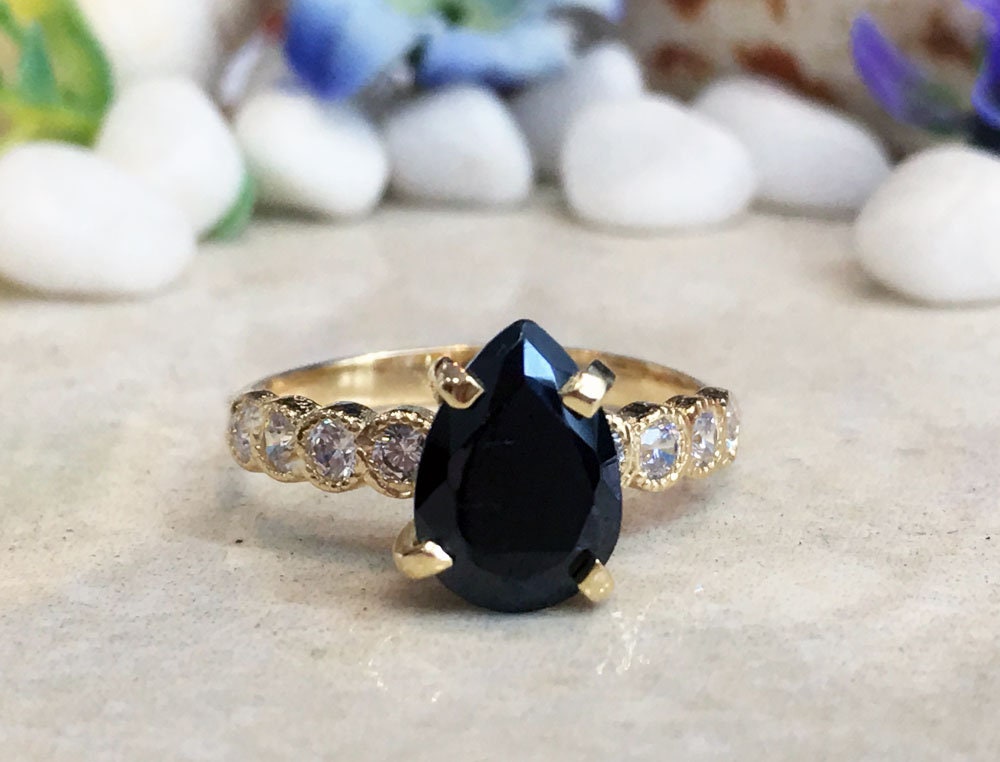 Black Onyx Ring - December Birthstone - Statement Engagement Ring with Pear Shape Black Onyx Middle Gemstone and Clear Quartz Accents - H.L.Jewelry