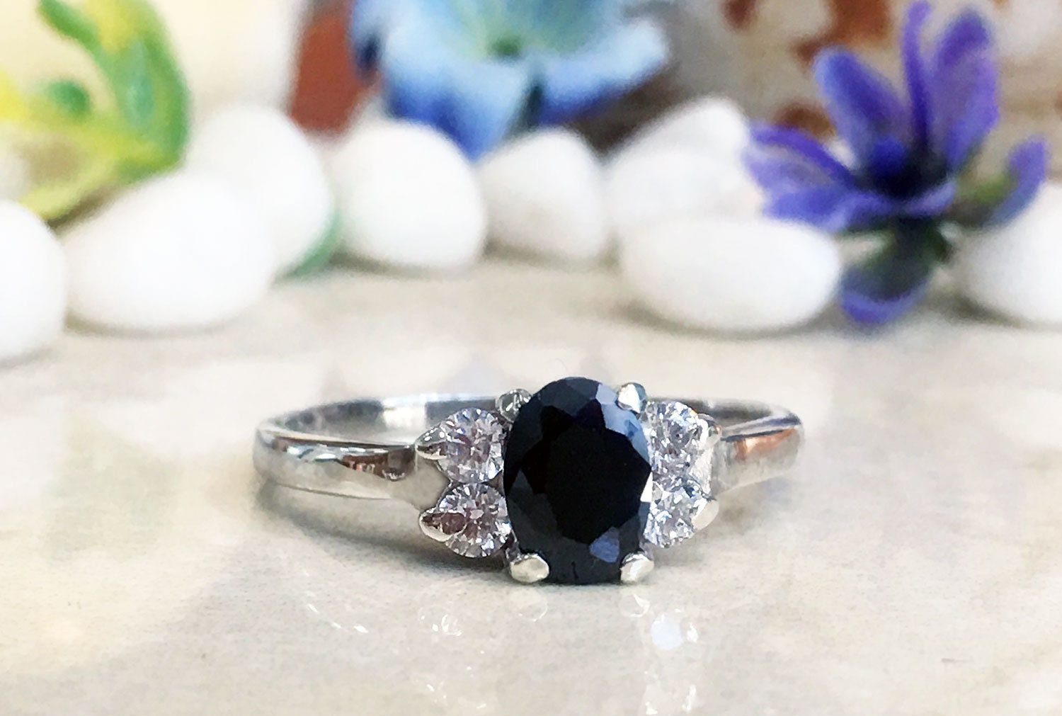 Black Onyx Ring - December Birthstone - Oval Black Onyx Ring with Clear Quartz Accents - H.L.Jewelry