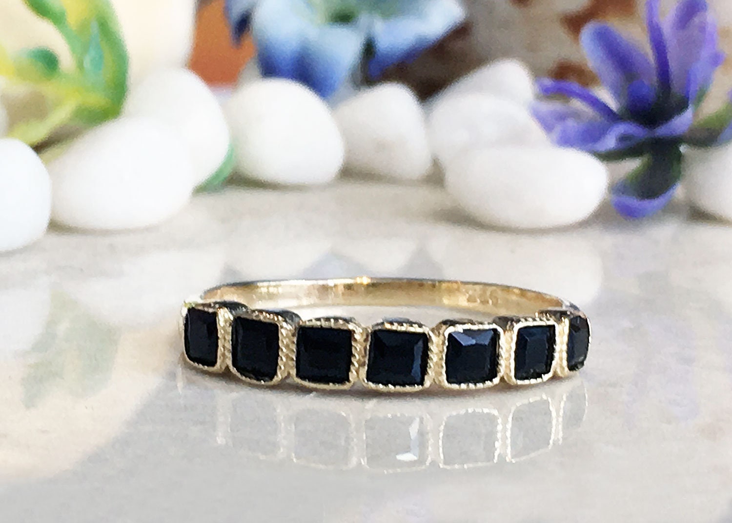 Black Onyx Ring - December Birthstone - Stacking Ring with Seven Square Black Onyx Gemstones - H.L.Jewelry