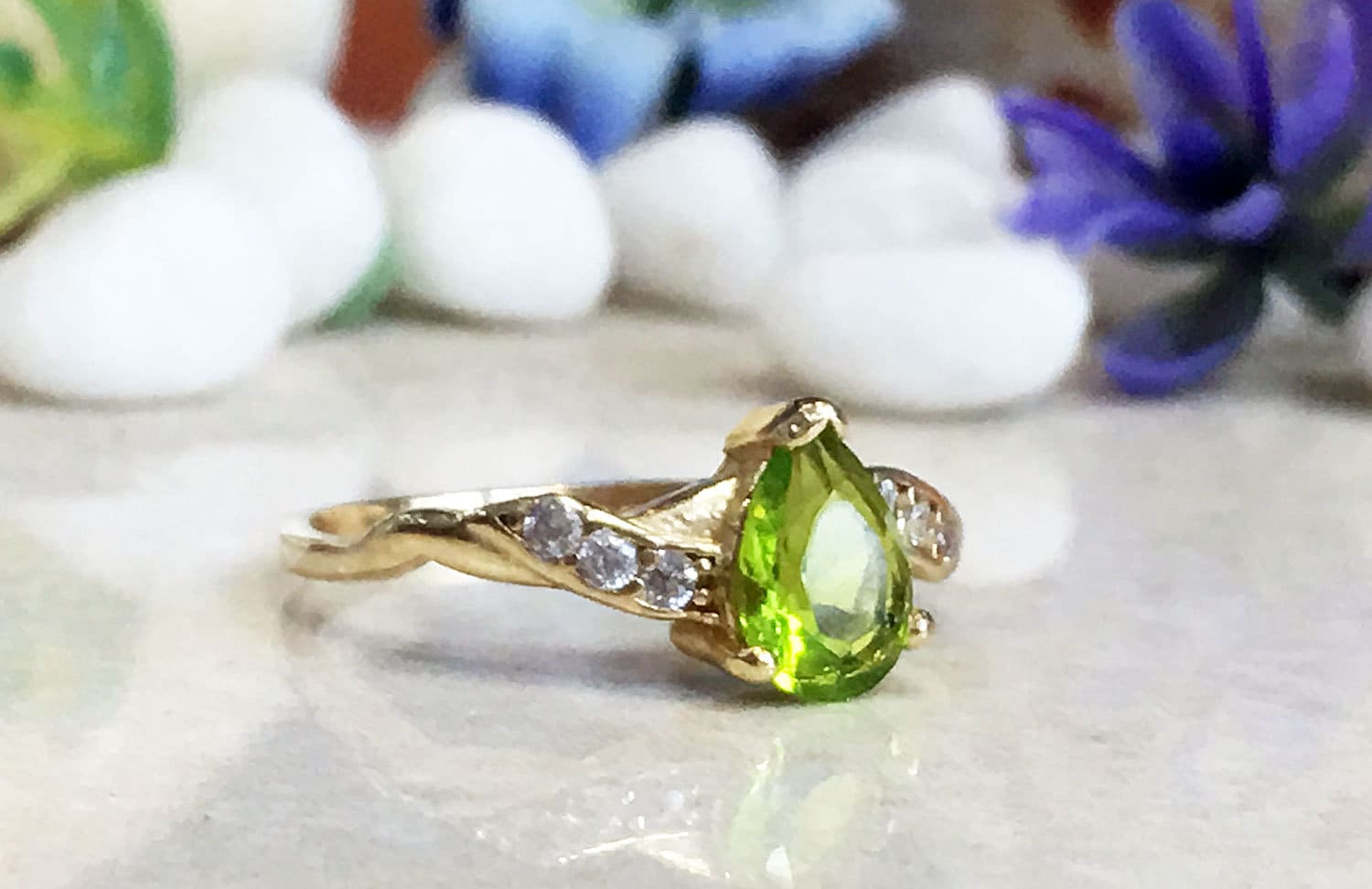 Peridot Ring - August Birthstone - Delicate Ring with Pear-Shaped Peridot Gemstone and Clear Quartz Accents - H.L.Jewelry