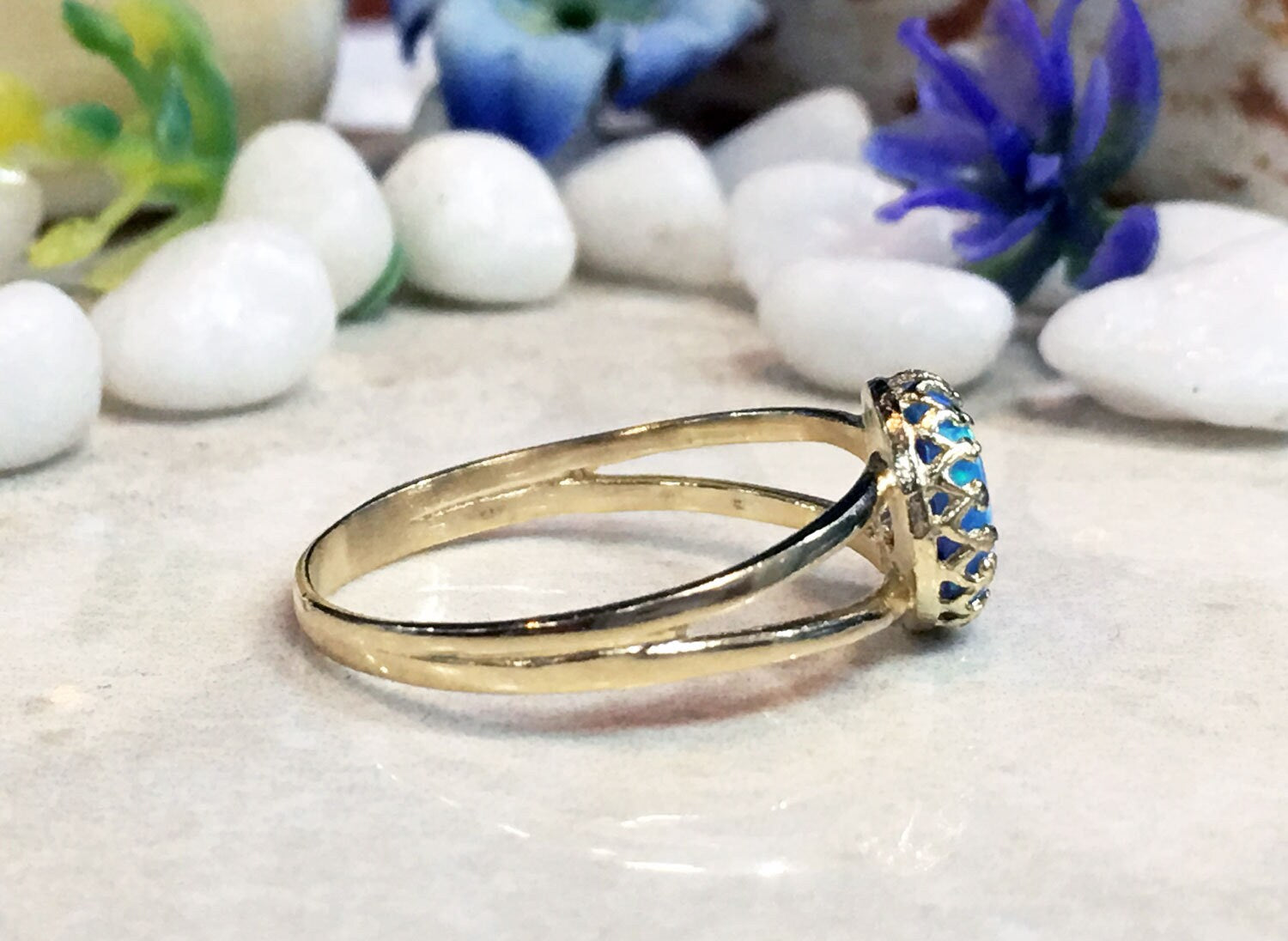 Blue Opal Ring - October Birthstone - Blue Opal Simple Double Band Round Crown Ring - H.L.Jewelry