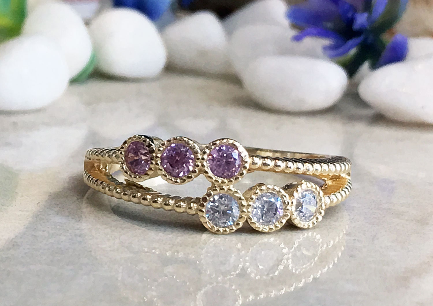 Two Birthstone Ring - Gold Ring - Rose Quartz Ring - Clear Quartz Ring - Gemstone Ring - H.L.Jewelry