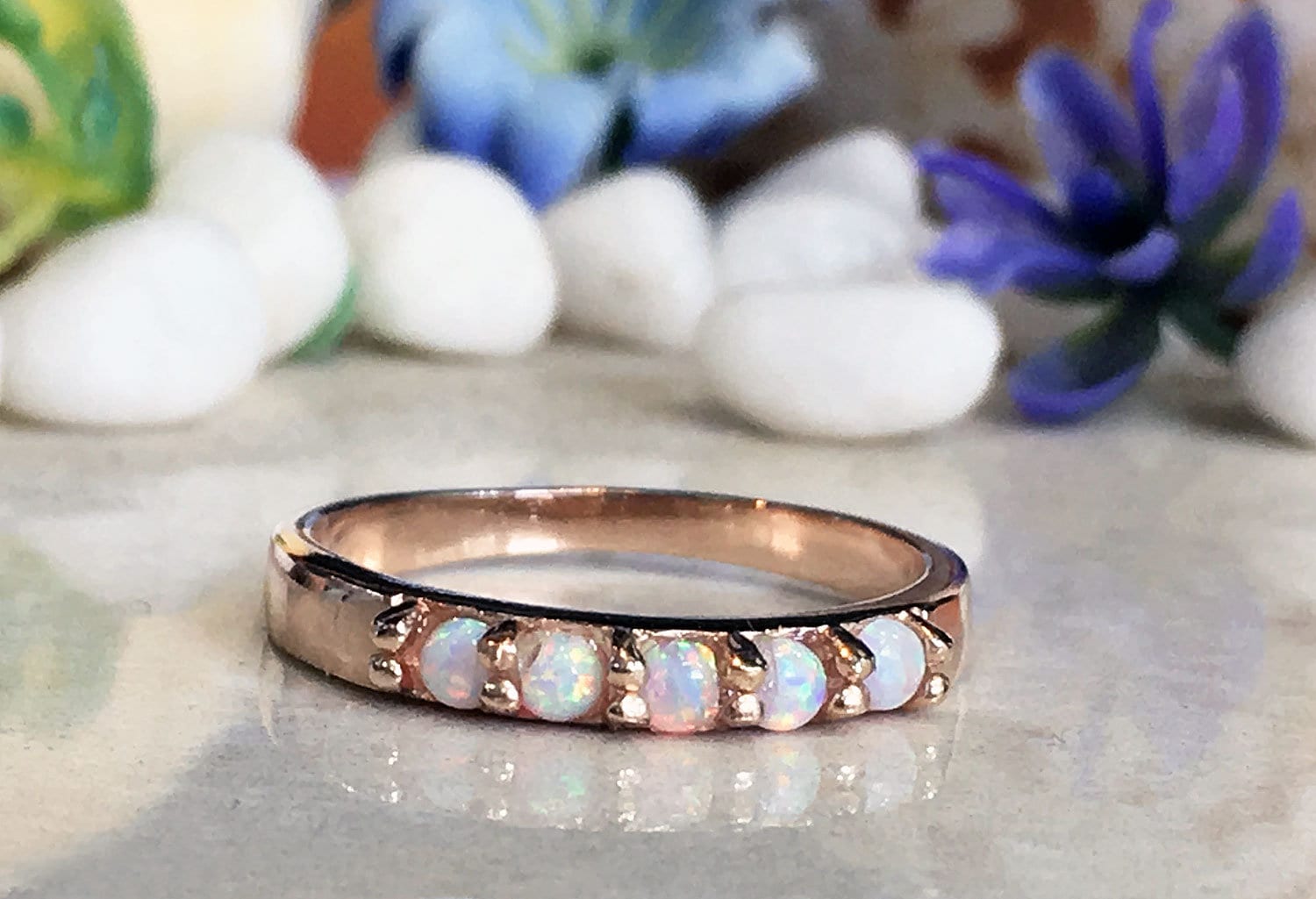 White Opal Ring - Five White Opal Gemstones Simple Stacking Ring - H.L.Jewelry