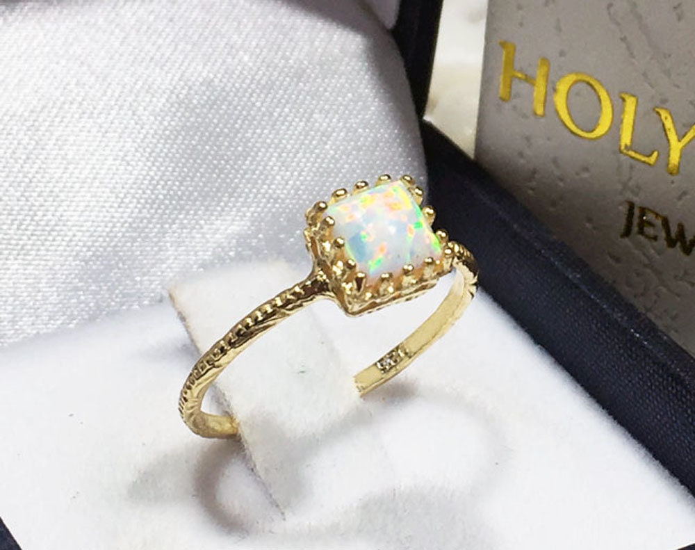 White Opal Ring - White Opal Gemstone Square Crown Simple Hammered Ring - H.L.Jewelry