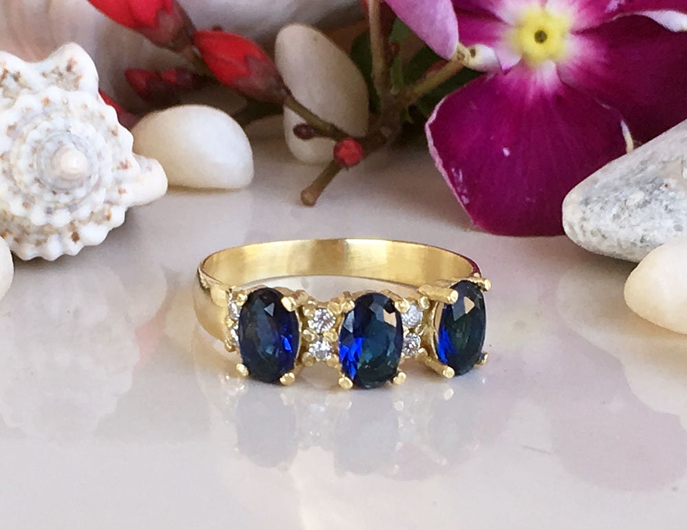 Blue Sapphire Ring - September Birthstone - Ring with Three Oval Blue Sapphire Gemstones and Clear Quartz Accents - H.L.Jewelry