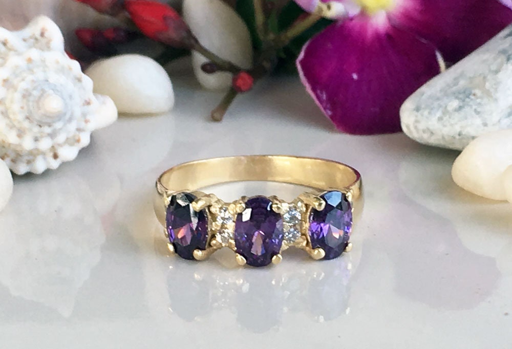 Purple Amethyst Ring - February Birthstone - Ring with Three Oval Purple Amethyst Gemstones and Clear Quartz Accents - H.L.Jewelry