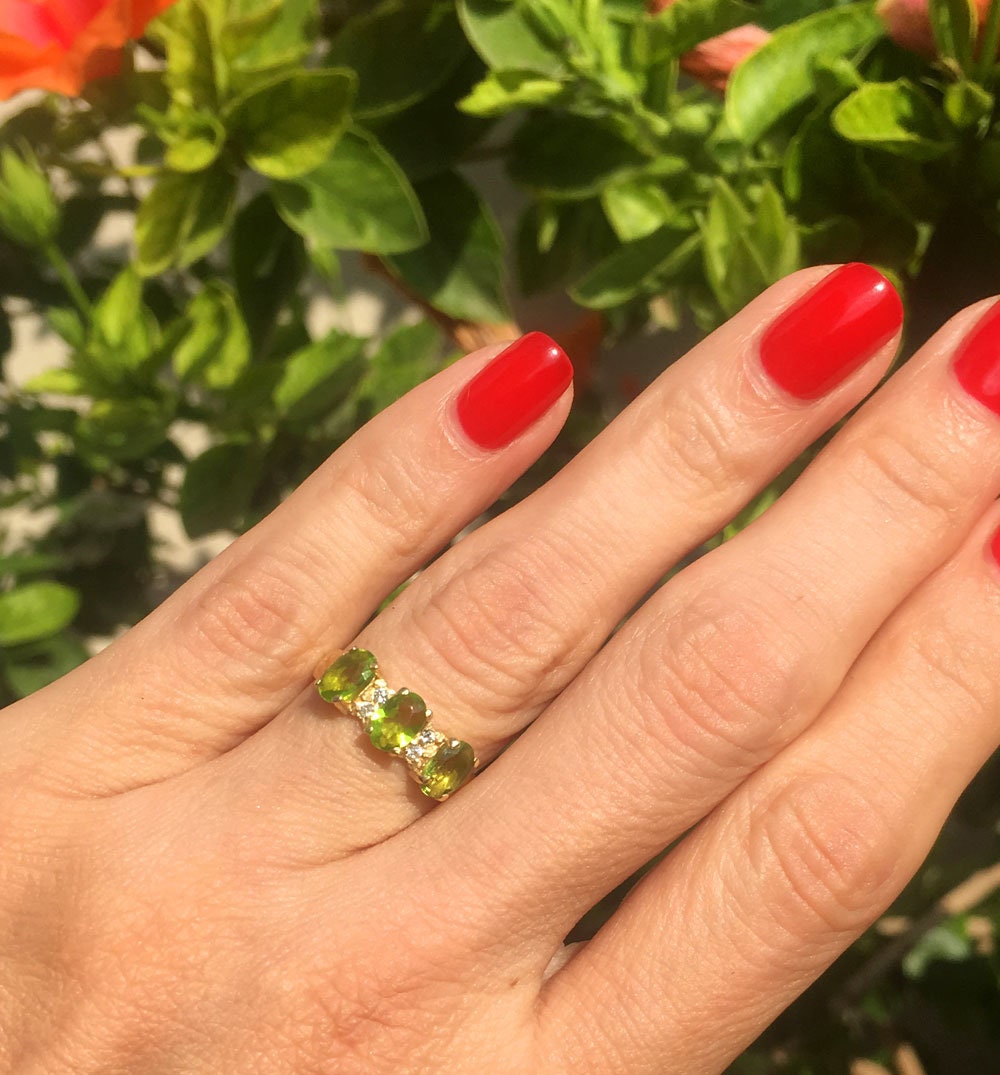 Peridot Ring - August Birthstone - Ring with Three Oval Peridot Gemstones and Clear Quartz Accents - H.L.Jewelry