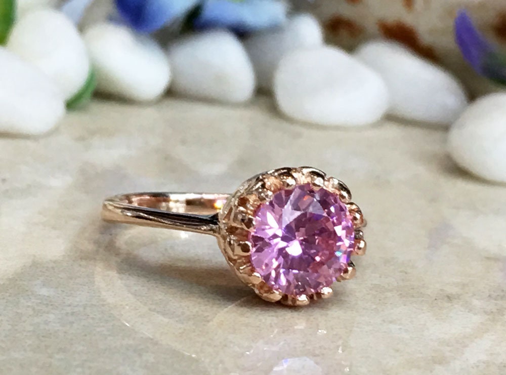 Rose Quartz Ring - October Birthstone Jewelry - Rose Quartz Gemstone Round Crown Ring - H.L.Jewelry