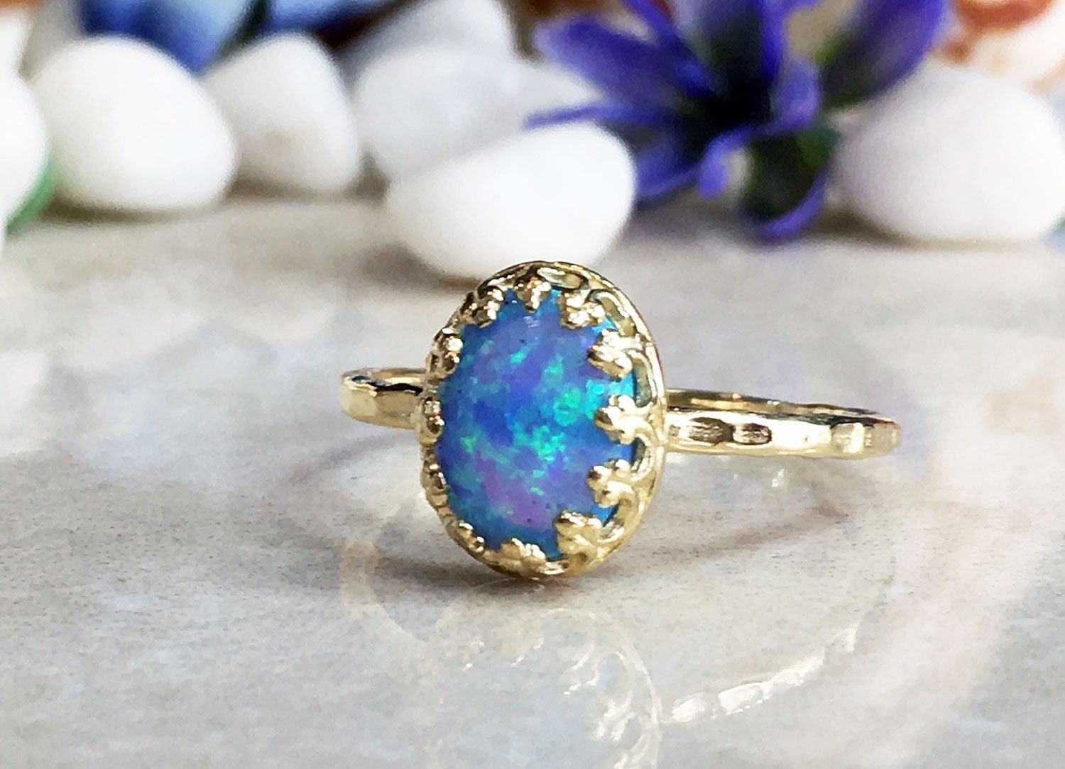 Blue Opal Ring - October Birthstone - Blue Opal Gemstone Oval Crown Delicate Hammered Band Ring - H.L.Jewelry