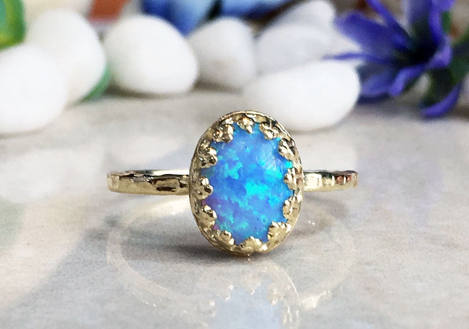 Blue Opal Ring - October Birthstone - Blue Opal Gemstone Oval Crown Delicate Hammered Band Ring - H.L.Jewelry