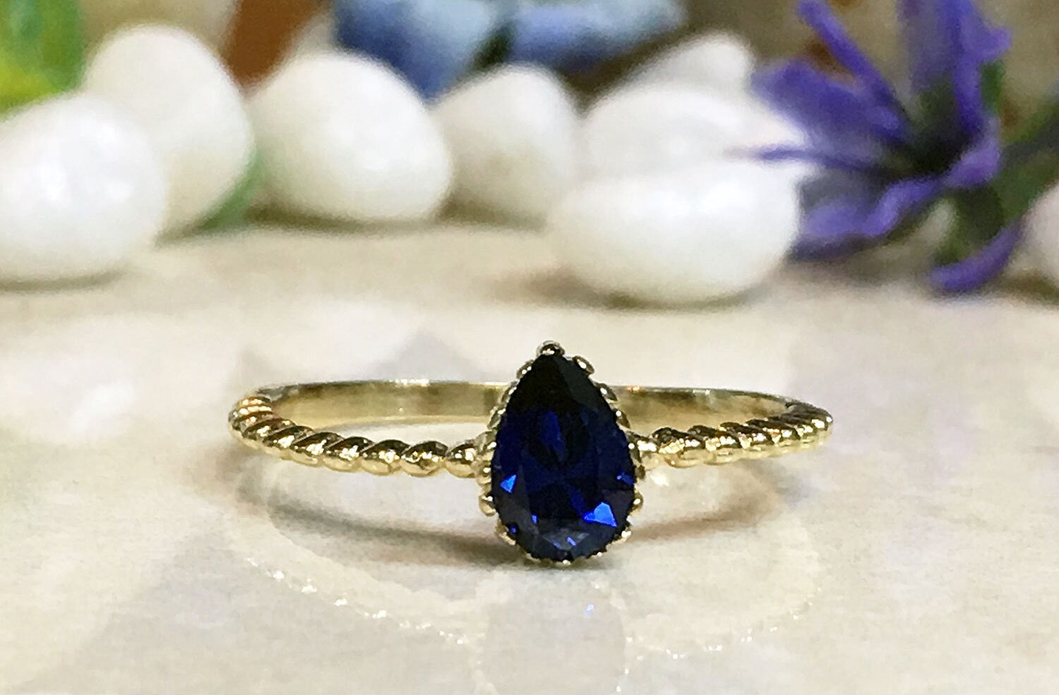 Blue Sapphire Ring - September Birthstone - Tiny Stacking Ring with Pear-Shaped Blue Sapphire Gemstone - H.L.Jewelry