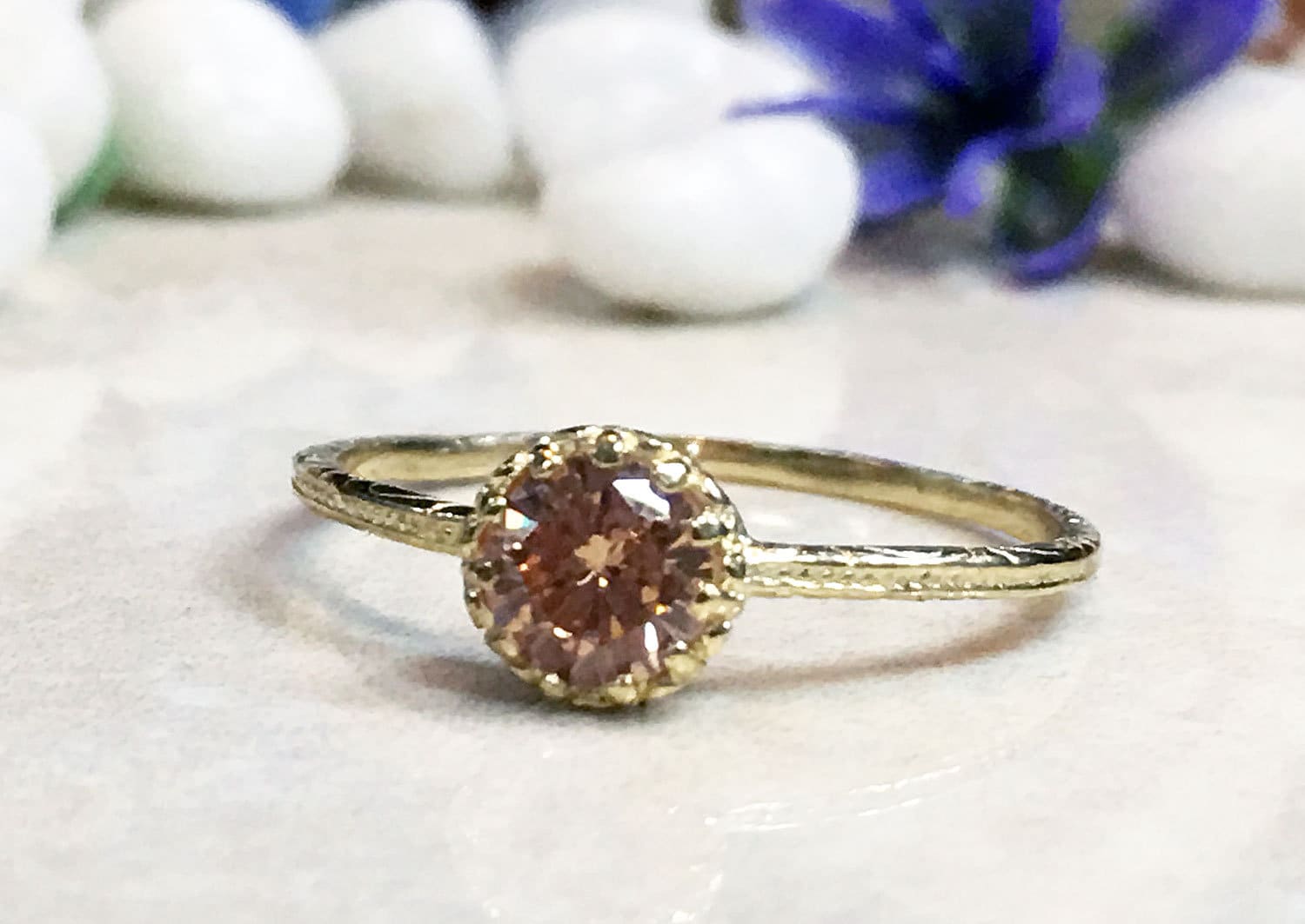 Citrine Ring - November Birthstone - Delicate Hammered Ring with Round Citrine Gemstone - H.L.Jewelry