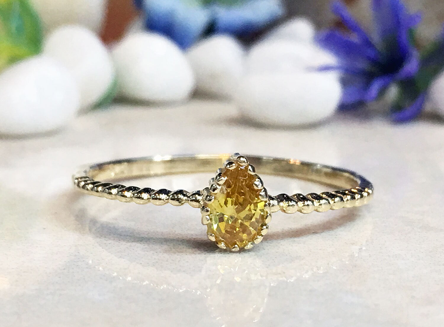 Citrine Ring - November Birthstone - Delicate Stacking Ring with Pear-Shaped Citrine Stone - H.L.Jewelry