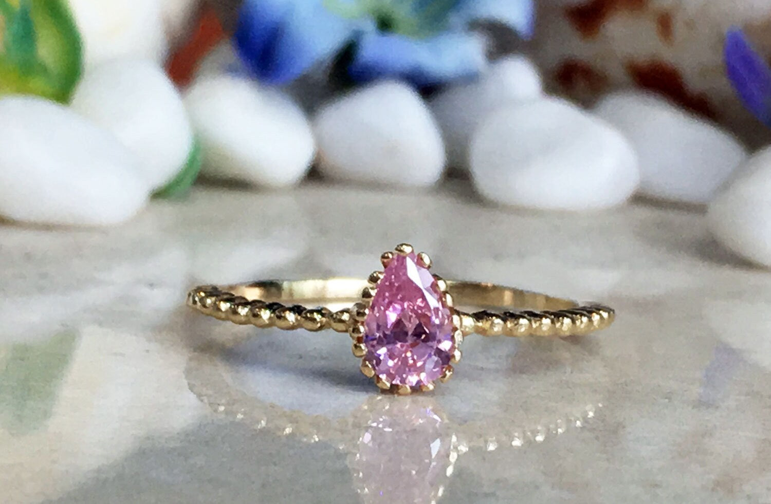 Rose Quartz Ring - October Birthstone - Tiny Ring - Gold Ring - Bezel Ring - Stacking Ring - Teardrop Ring - H.L.Jewelry