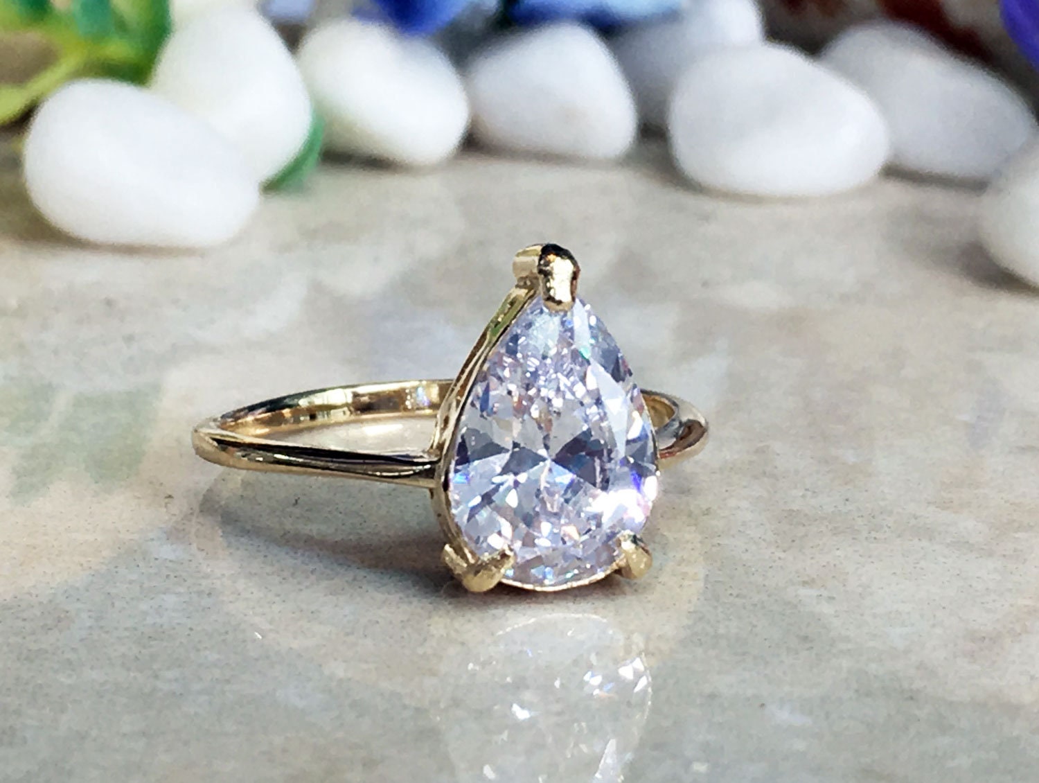 Clear Quartz Ring - April Birthstone - Lace Setting Ring with Pear-Shaped Clear Quartz Gemstone - H.L.Jewelry