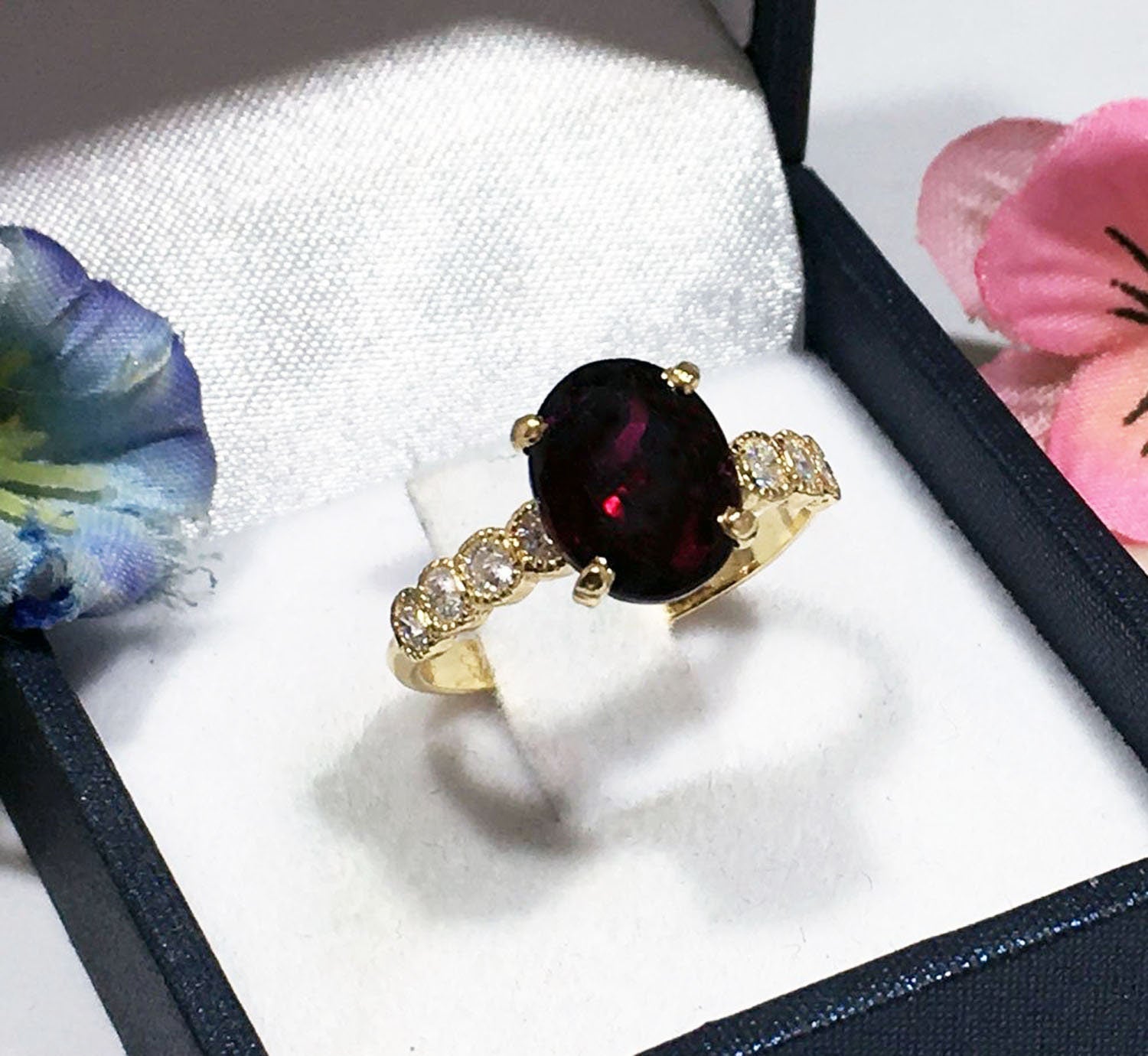 Red Garnet Ring - January Birthstone - Oval Red Garnet Gemstone Statement Engagement Ring with Clear Quartz Accents - H.L.Jewelry