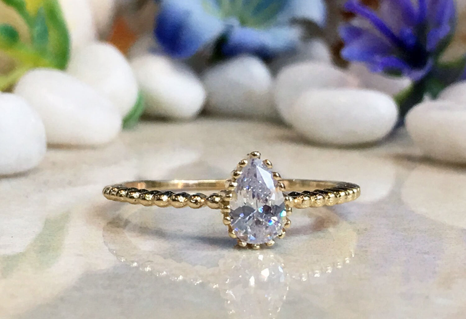 Clear Quartz Ring - April Birthstone - Delicate Simple Ring with Pear-Shaped Clear Quartz Stone - H.L.Jewelry