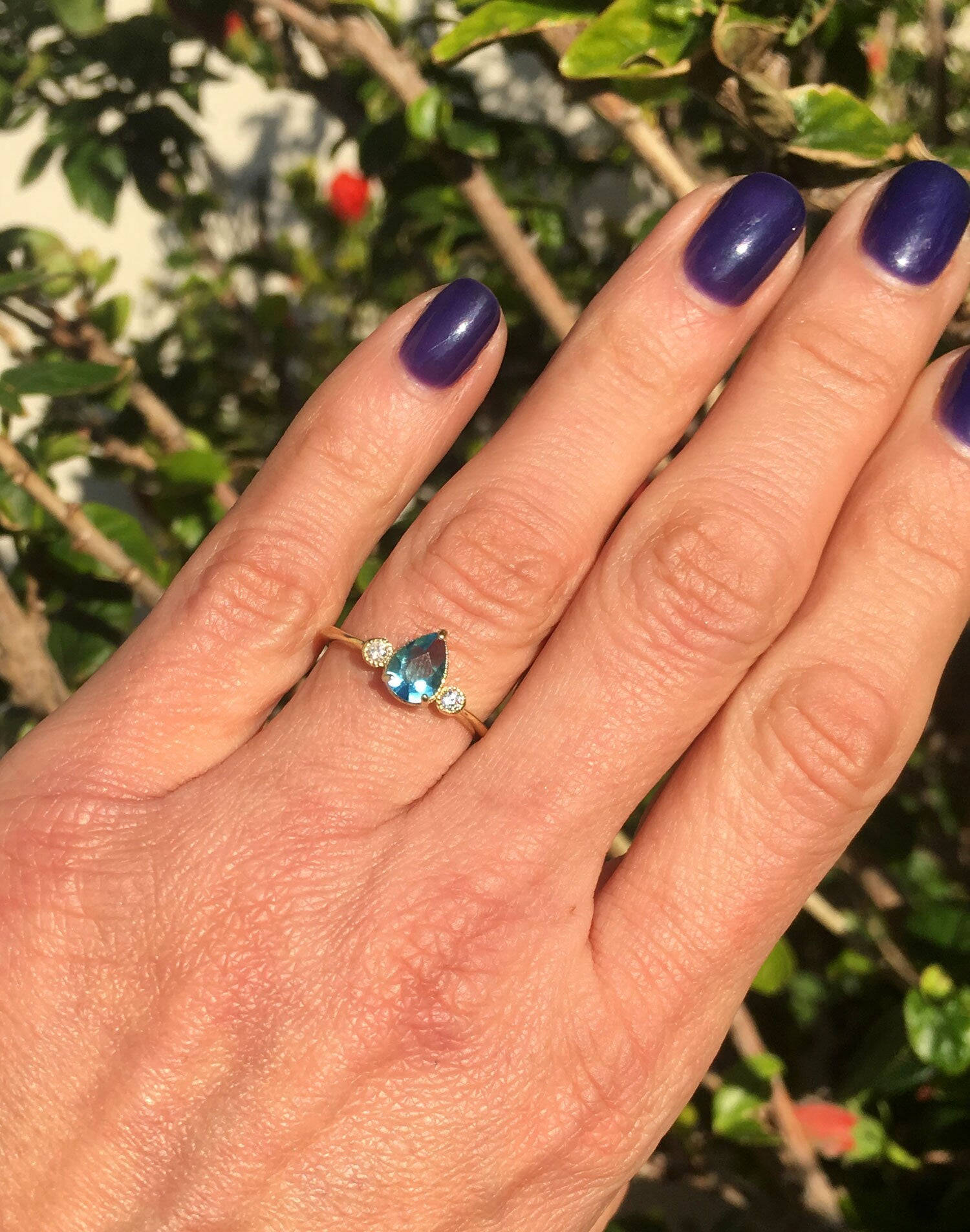 Blue Topaz Ring - December Birthstone - Tiny Delicate Ring with Pear-Shaped Blue Topaz Gemstone and Clear Quartz Accents - H.L.Jewelry