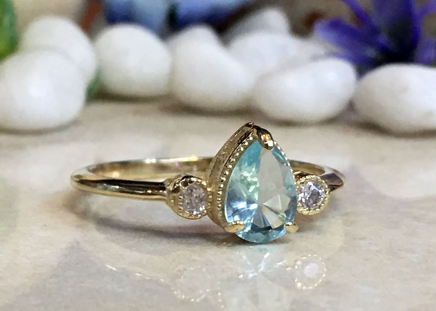 Aquamarine Ring - March Birthstone - Delicate Ring with Pear-Shaped Aquamarine Gemstone and Clear Quartz Accents - H.L.Jewelry