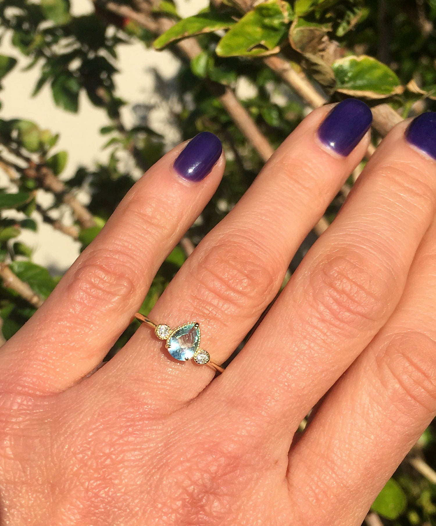 Aquamarine Ring - March Birthstone - Delicate Ring with Pear-Shaped Aquamarine Gemstone and Clear Quartz Accents - H.L.Jewelry