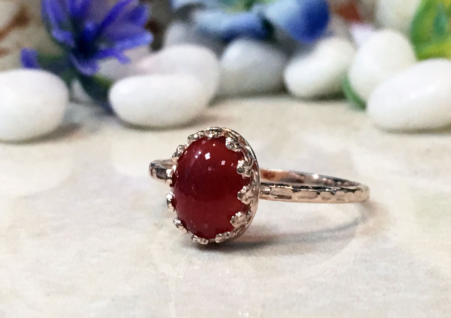 Carnelian Ring - Delicate Hammered Oval Crown Ring with Carnelian Gemstone - H.L.Jewelry