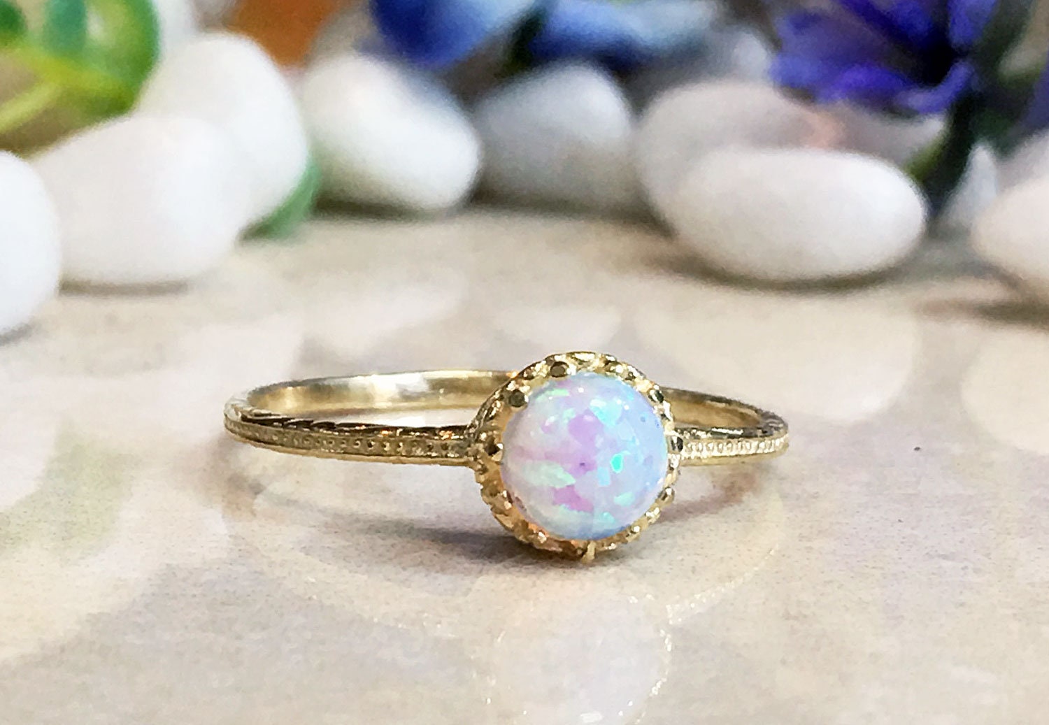 White Opal Ring - Round White Opal Gemstone Delicate Hammered Ring - H.L.Jewelry