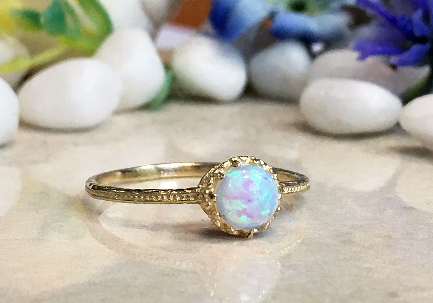 White Opal Ring - Round White Opal Gemstone Delicate Hammered Ring - H.L.Jewelry