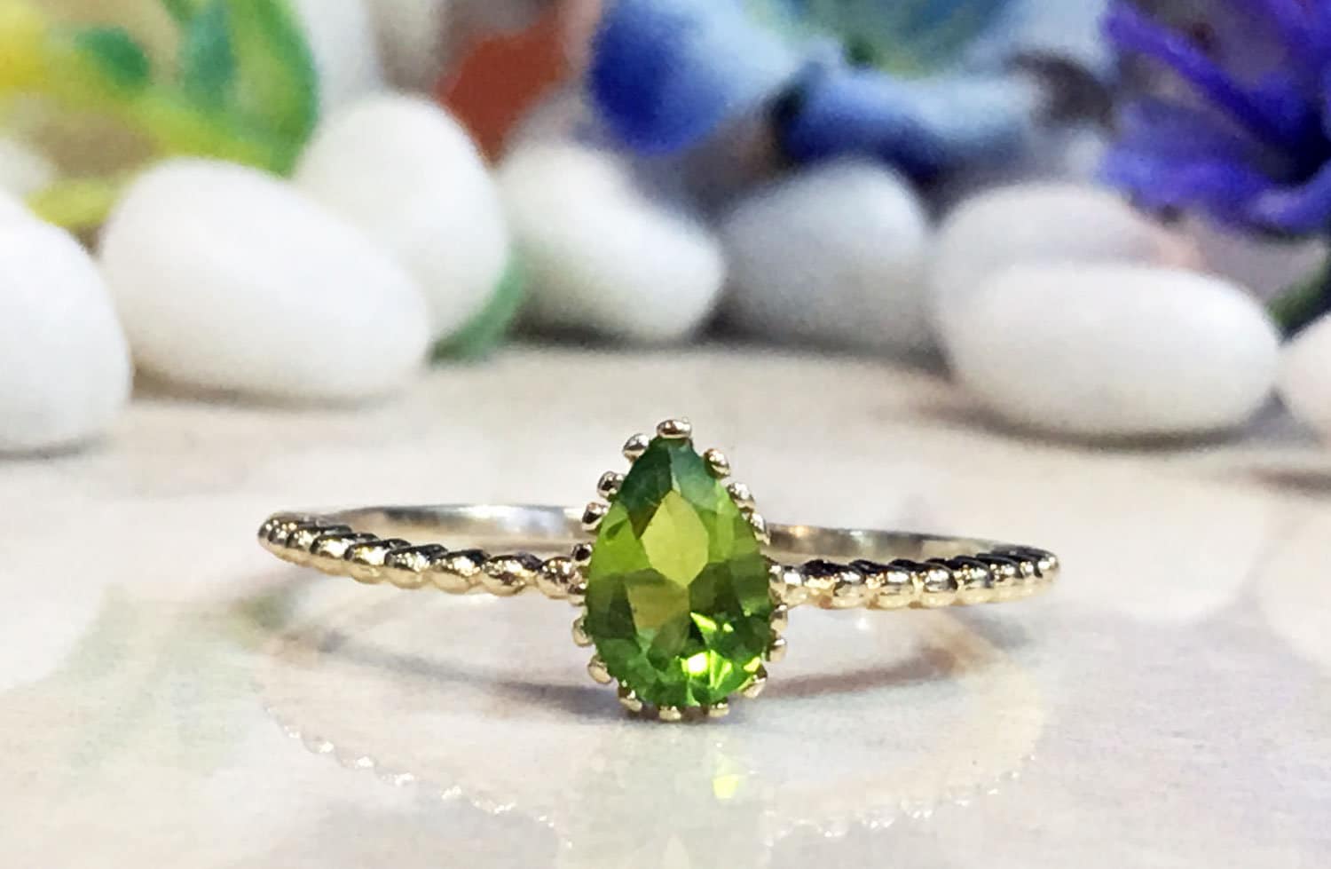 Peridot Ring - August Birthstone - Delicate Stacking Ring with Pear-Shaped Peridot Gemstone - H.L.Jewelry