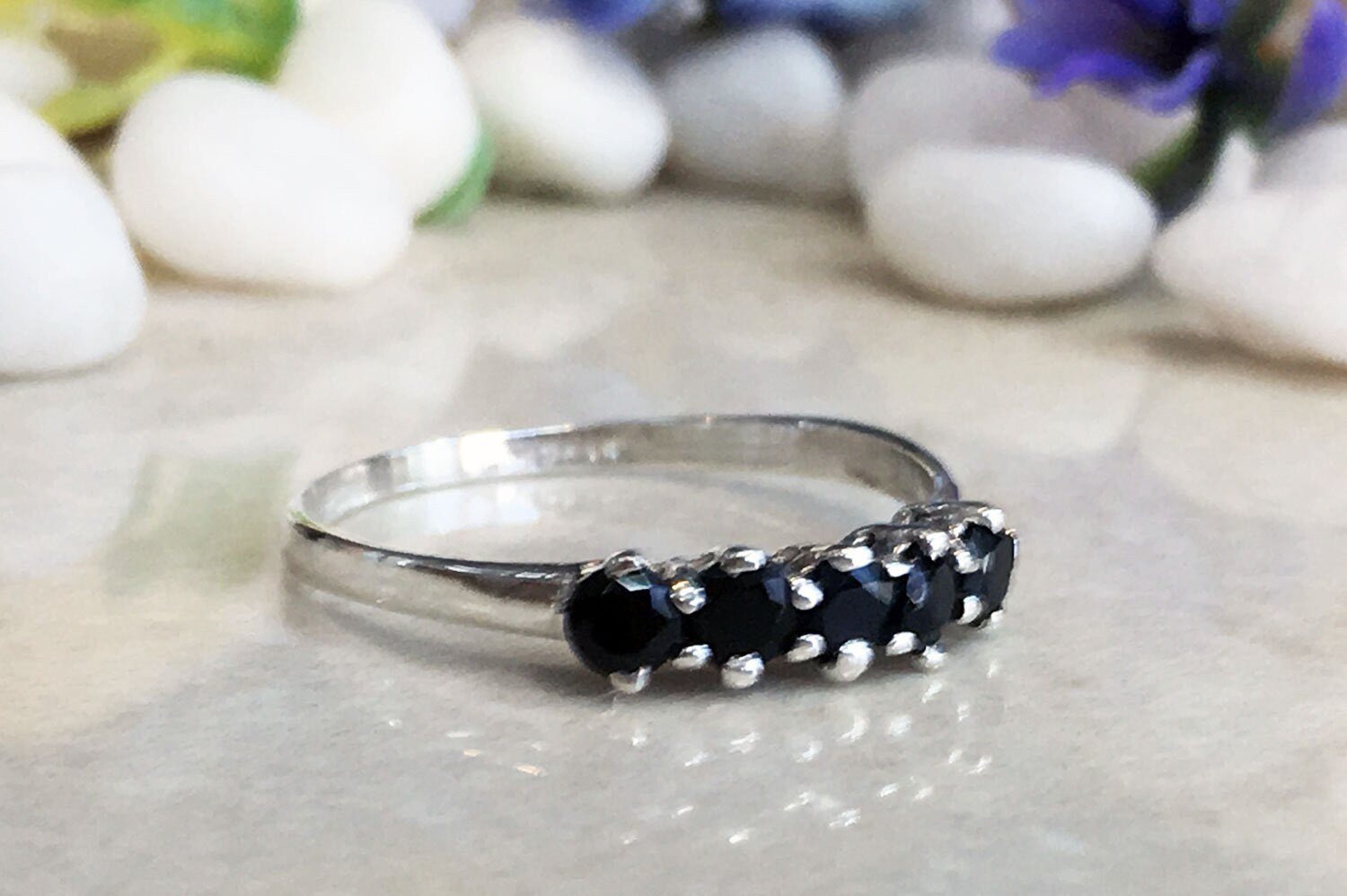 Black Onyx Ring - December Birthstone - Stacking Ring with Five Round Black Onyx Gemstones - H.L.Jewelry