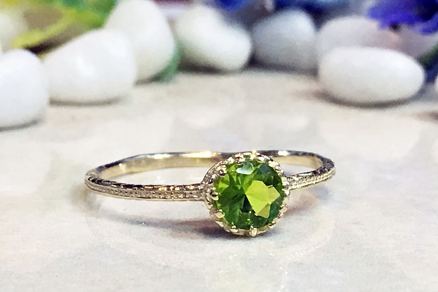 Peridot Ring - August Birthstone - Delicate Hammered Ring with Round Peridot Gemstone - H.L.Jewelry