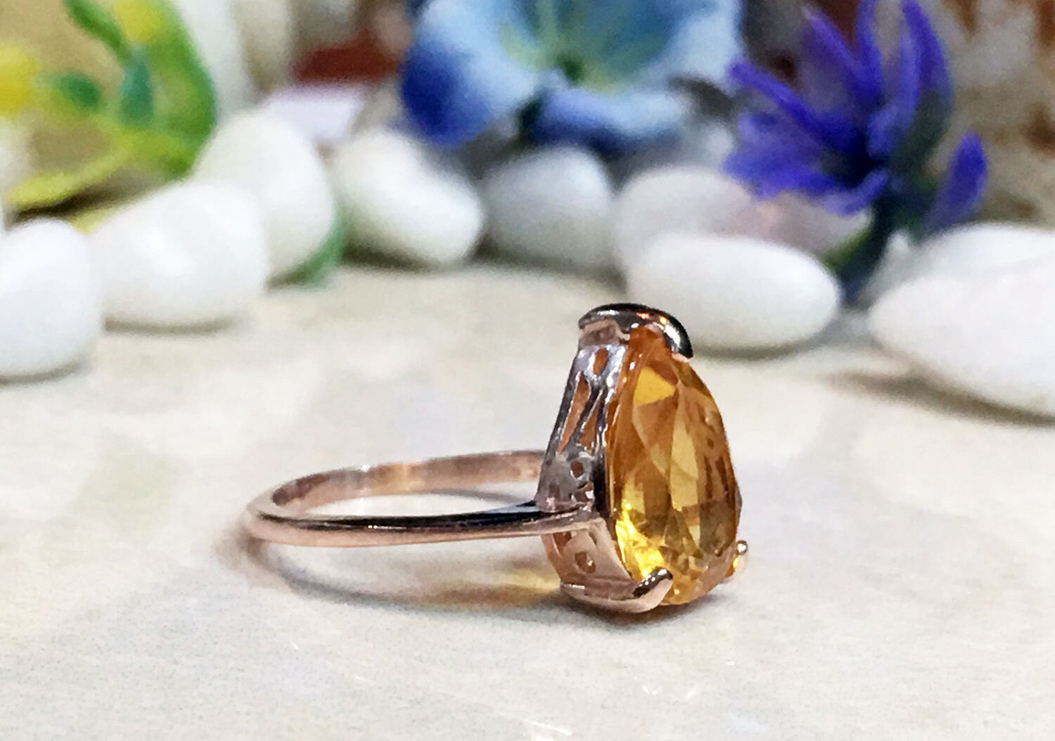 Citrine Ring - November Birthstone - Lace Setting Ring with Pear-Shaped Citrine Gemstone - H.L.Jewelry