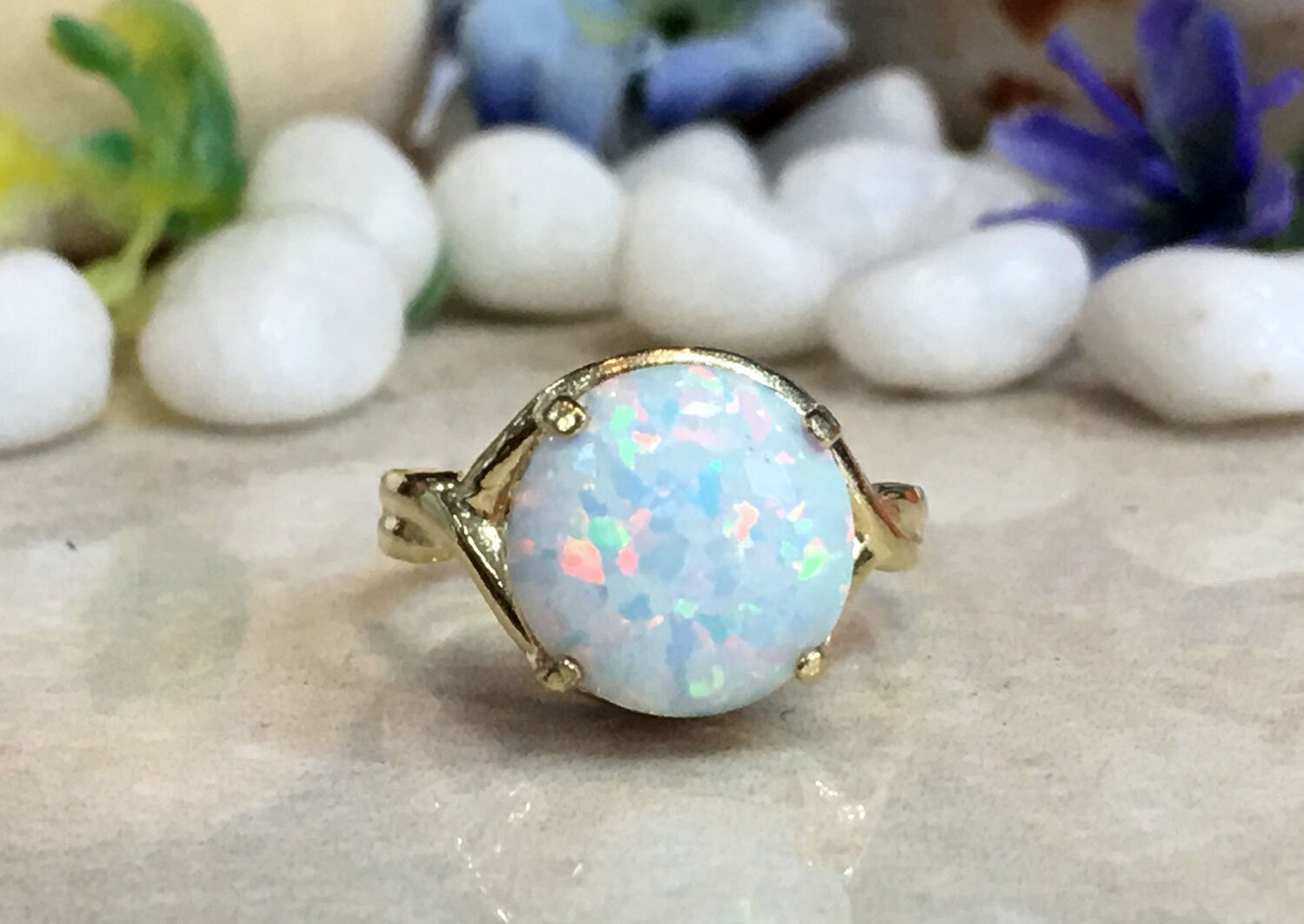 White Opal Ring - Round White Opal Gemstone Statement Ring - H.L.Jewelry