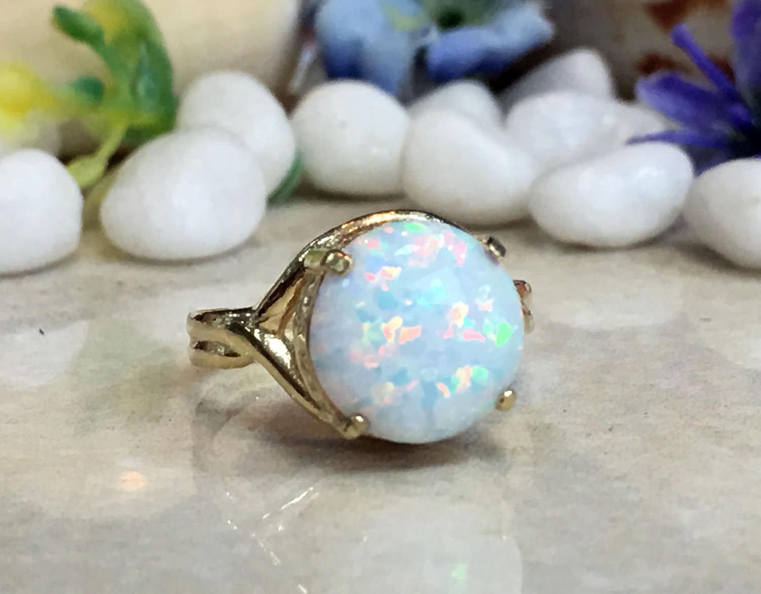 White Opal Ring - Round White Opal Gemstone Statement Ring - H.L.Jewelry