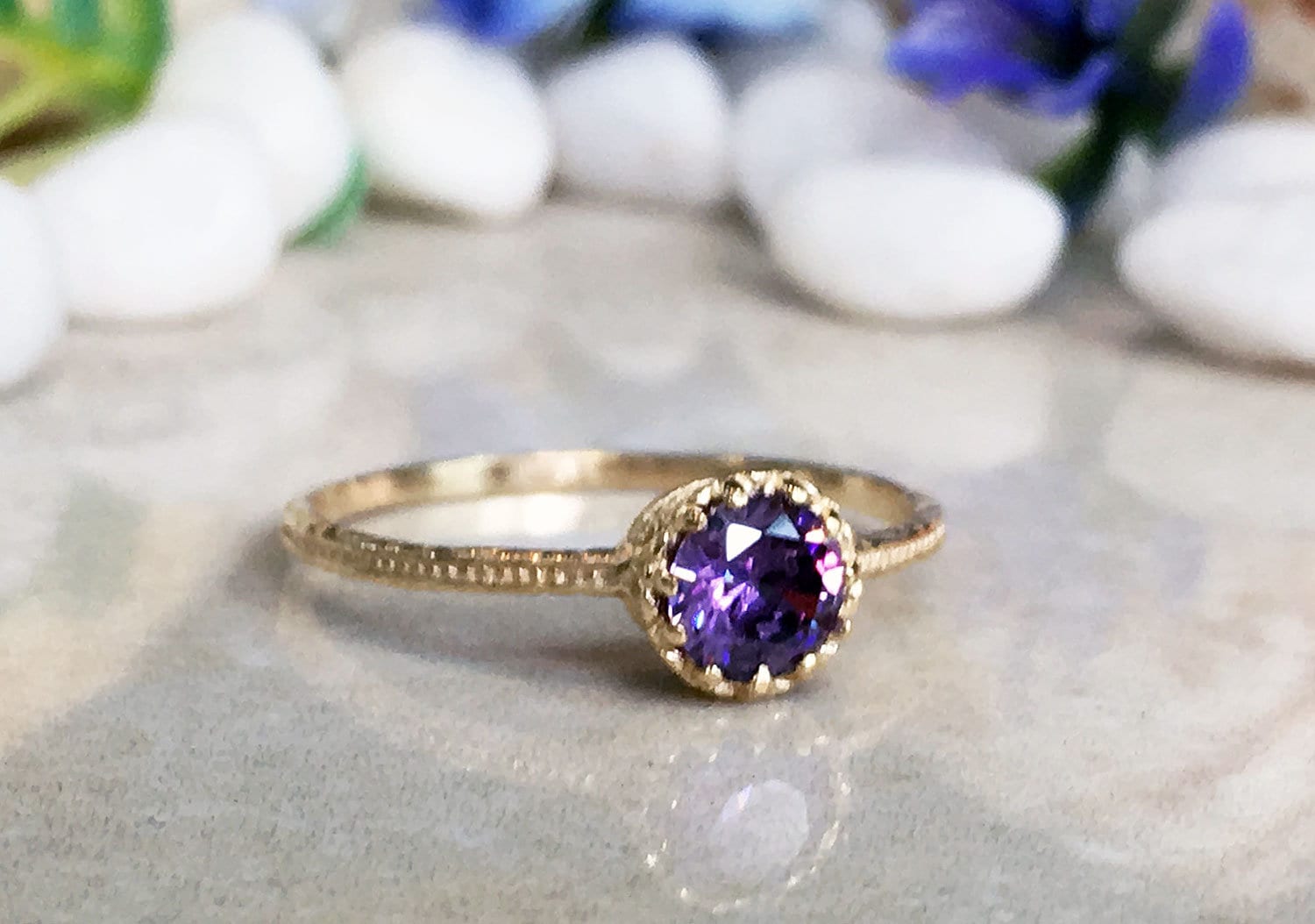 Amethyst Ring - February Birthstone - Delicate Hammered Ring with Round Amethyst Gemstone - H.L.Jewelry