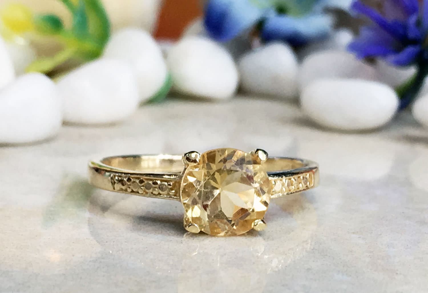 Citrine Ring - November Birthstone - Round Citrine Gemstone Simple Ring with Imitation Stones - H.L.Jewelry