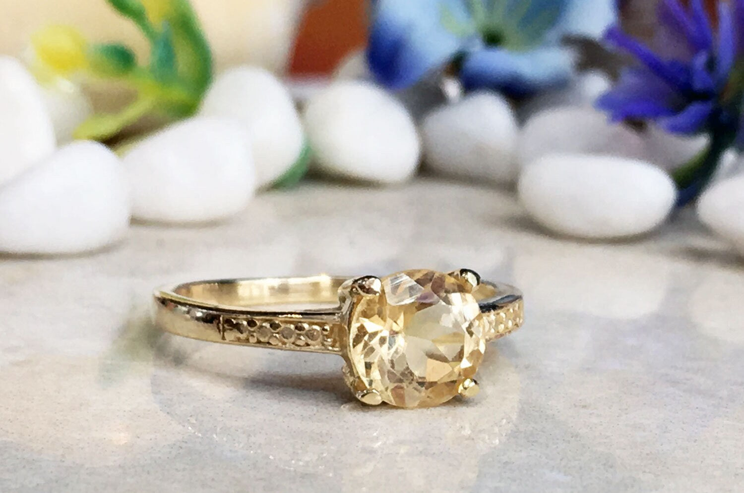 Citrine Ring - November Birthstone - Round Citrine Gemstone Simple Ring with Imitation Stones - H.L.Jewelry