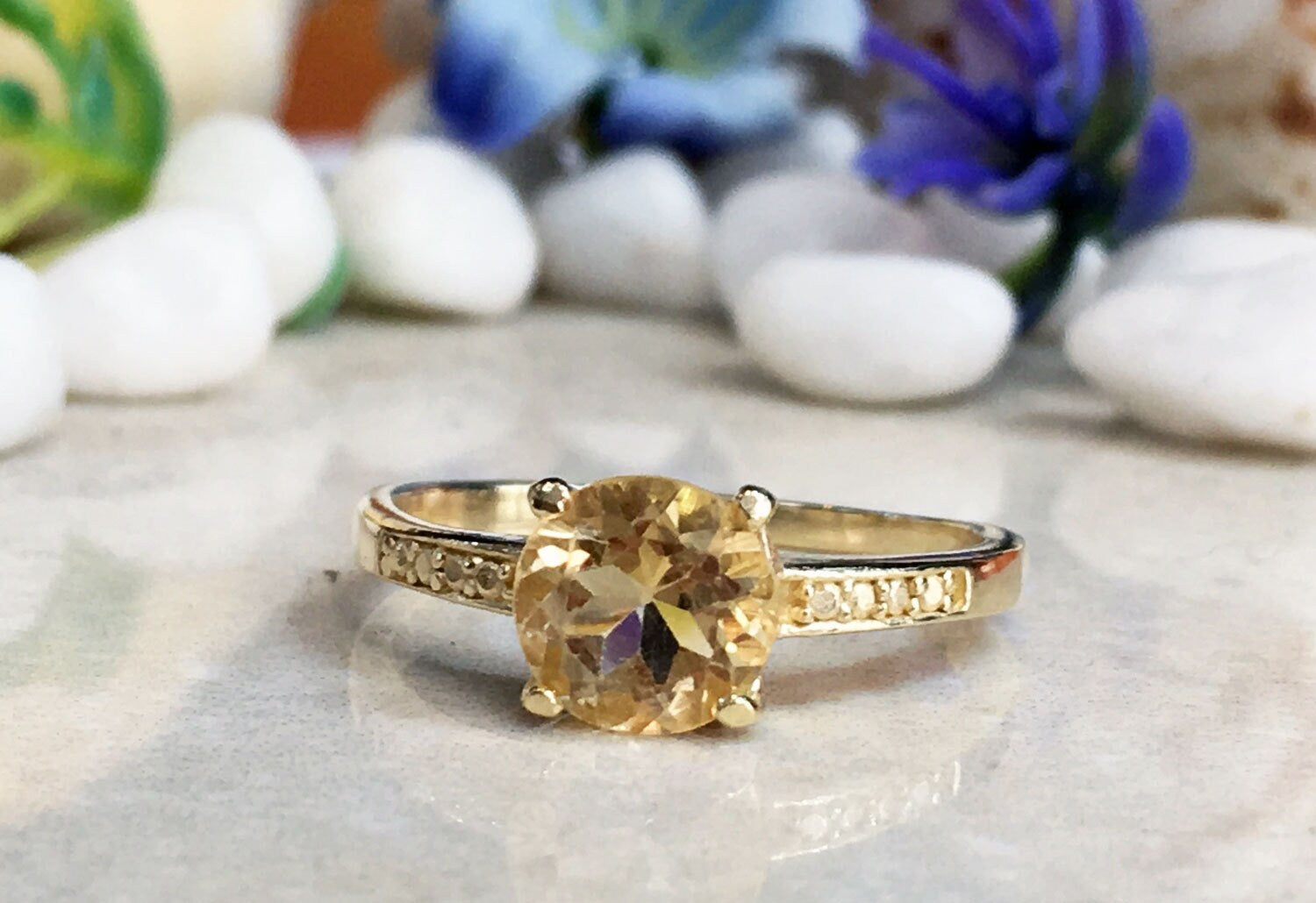 Citrine Ring - November Birthstone - Round Citrine Gemstone Simple Ring with Imitation Stones - H.L.Jewelry