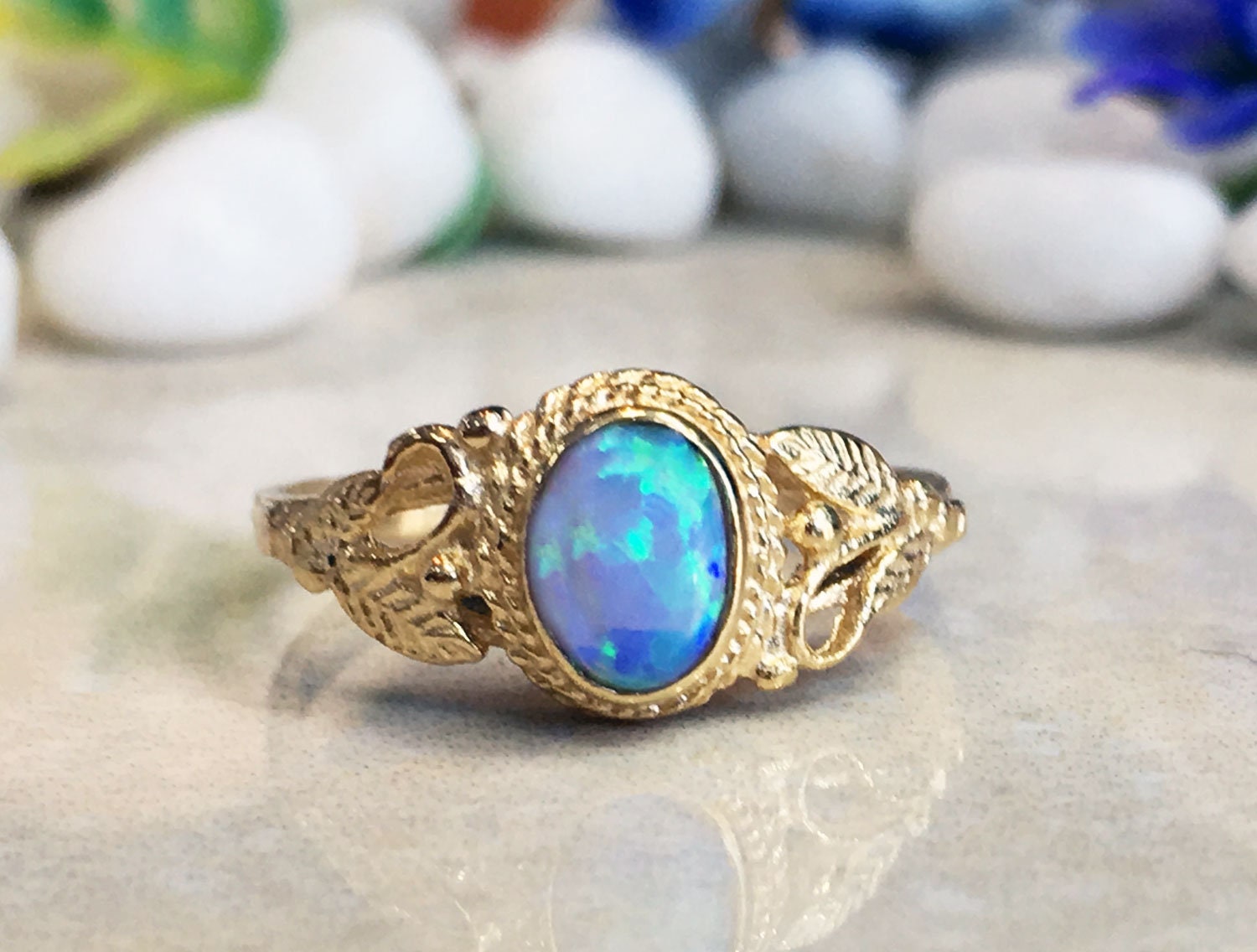 Blue Opal Ring - October Birthstone - Delicate Lace Ring with Oval Blue Opal Stone and Leaves Accents - H.L.Jewelry