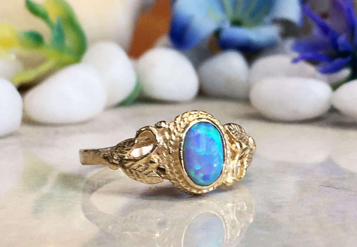 Blue Opal Ring - October Birthstone - Delicate Lace Ring with Oval Blue Opal Stone and Leaves Accents - H.L.Jewelry