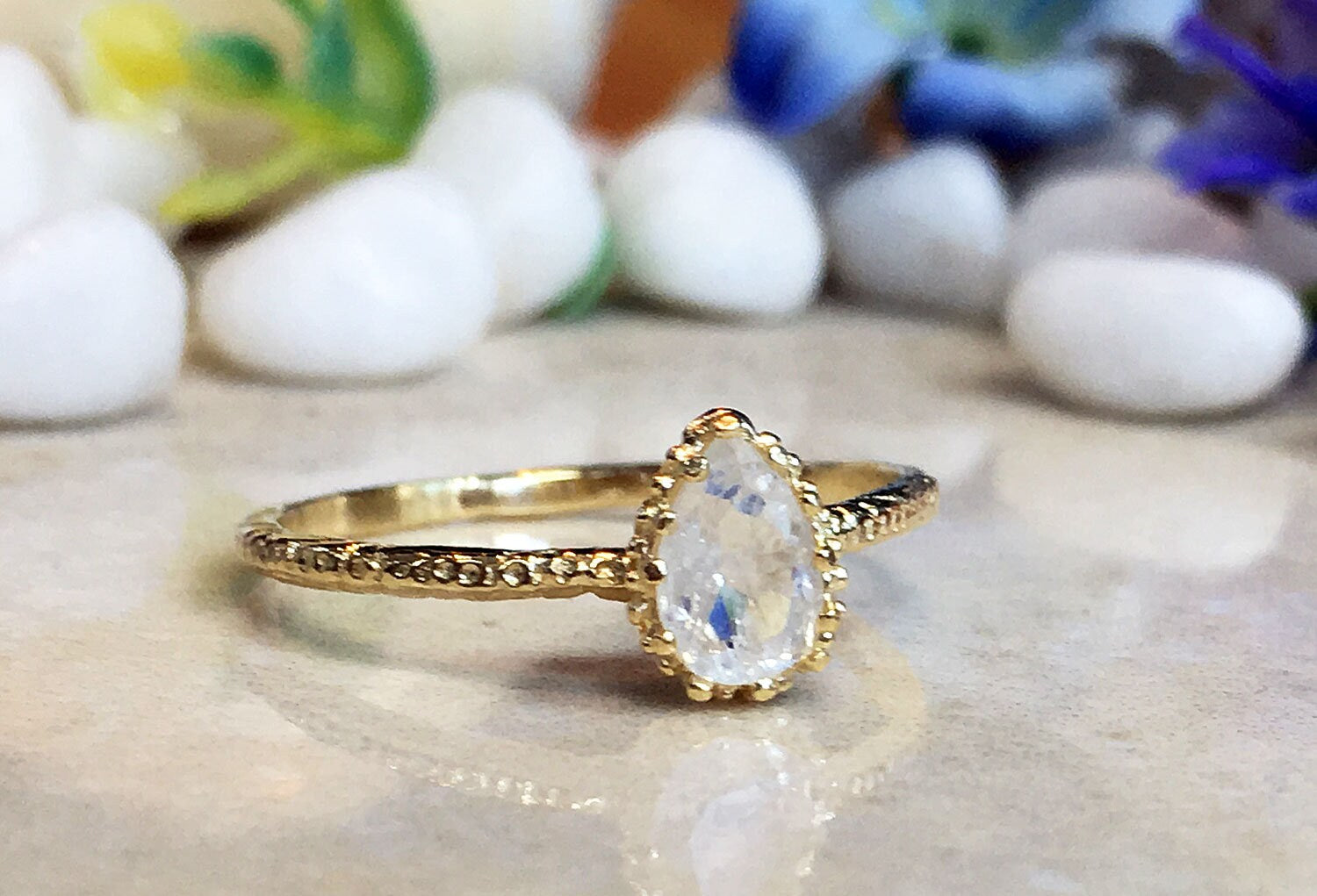 Rainbow Moonstone Ring - Genuine Gemstone - June Birthstone - Gold Ring - Simple Ring - Stack Ring - Hammered Ring - Teardrop Ring - H.L.Jewelry