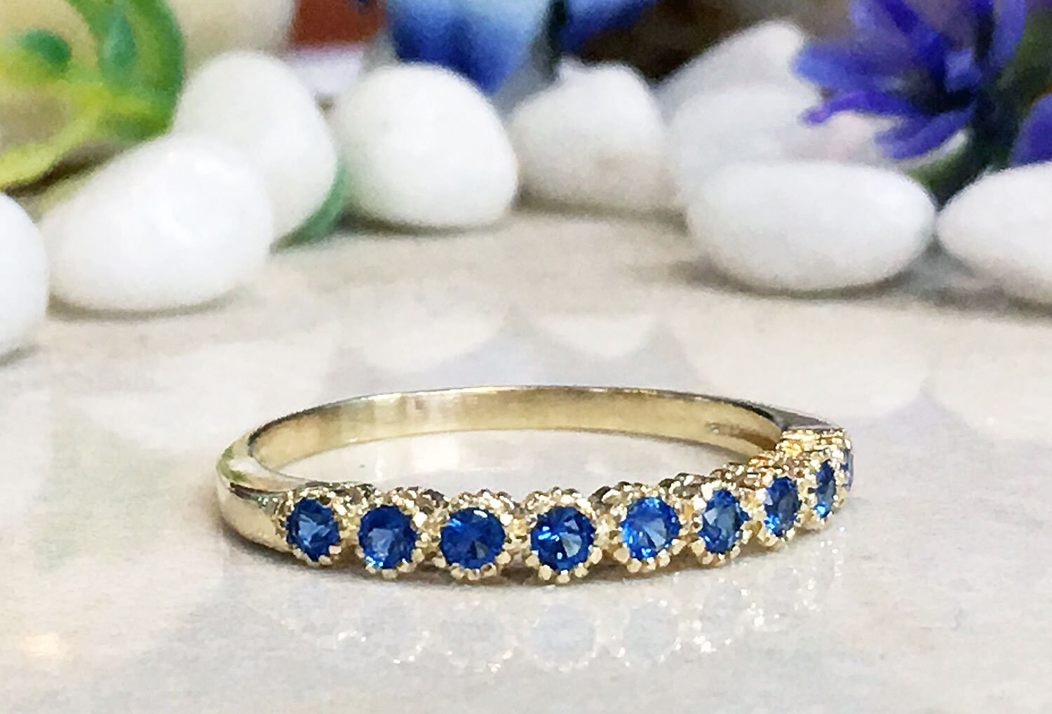 Blue Topaz Ring - December Birthstone - Stacking Ring with Nine Round Blue Topaz Gemstones - H.L.Jewelry